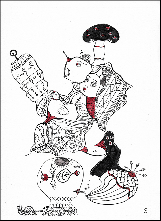 dessin 16 A4 encre de chine noir sanguine le champignon magique