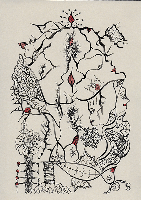 dessin 2 A5 encre de chine noir sanguine la colline aux multiples faces