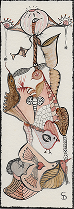 dessin 4 bis marque page encre de chine noir sanguine sépia oiseaux